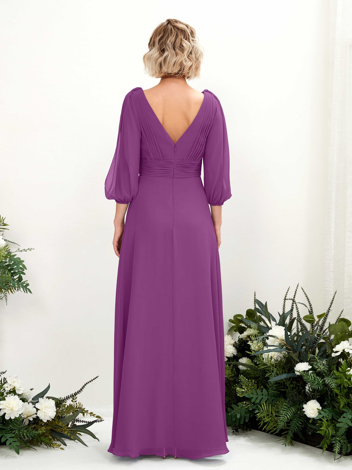 Carlyna A-Linien-Kleid V-Ausschnitt Wickelausschnitt Dreiviertelarm Bodenlang Brautjungfernkleider Lila #farbe_lila