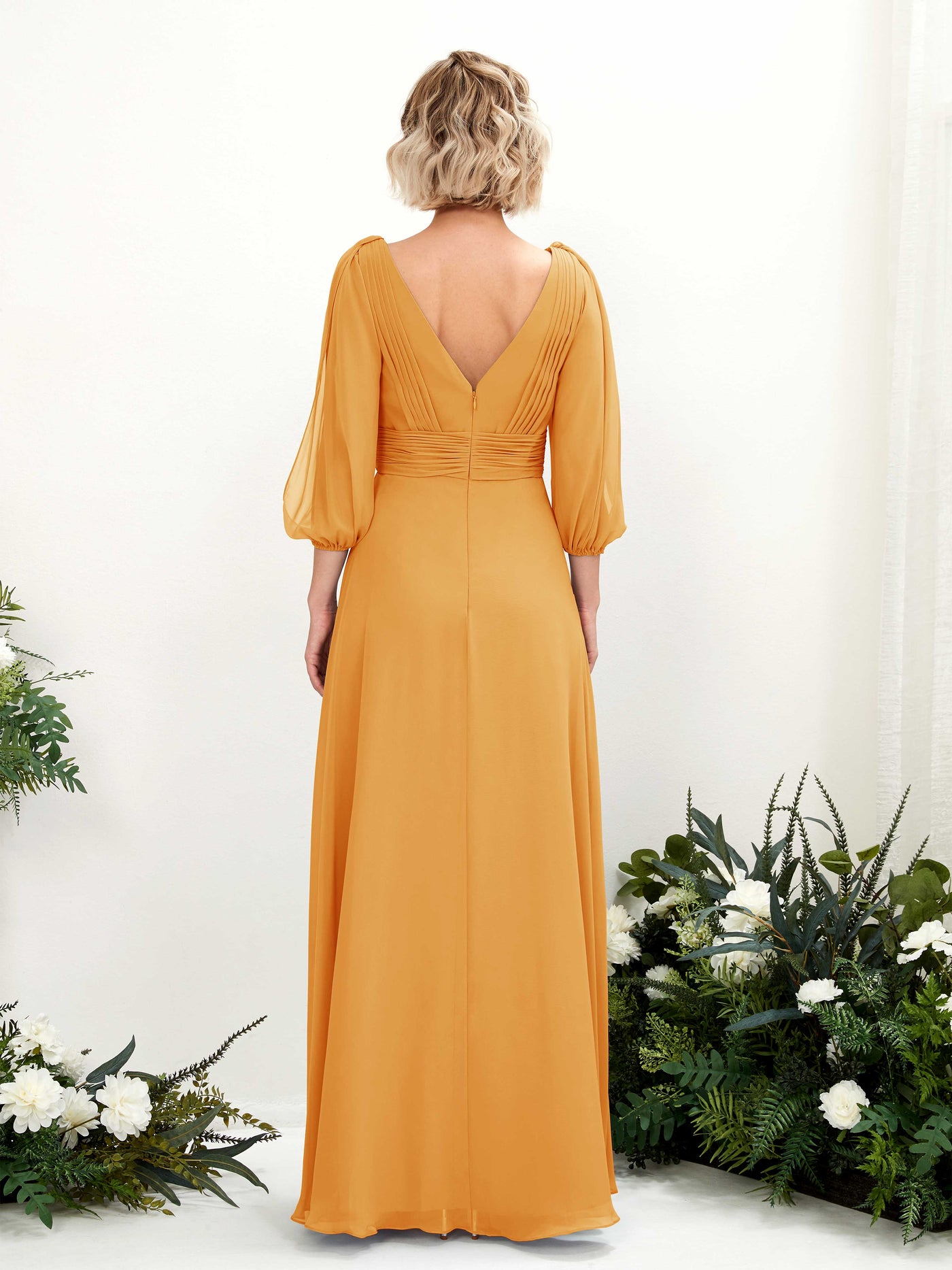Carlyna A-Linien-Kleid V-Ausschnitt Wickelausschnitt Dreiviertelarm Bodenlang Brautjungfernkleider Mango #farbe_mango