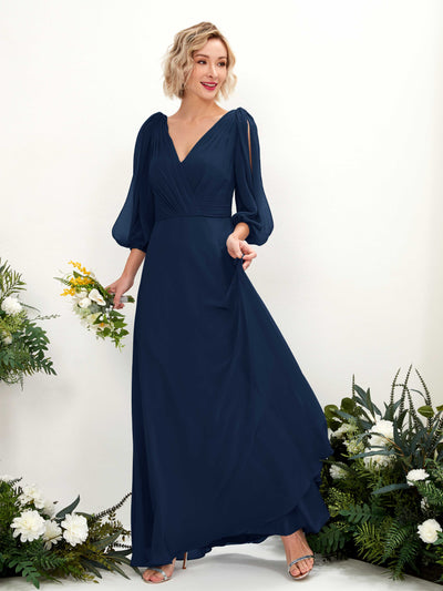 Carlyna A-Linien-Kleid V-Ausschnitt Wickelausschnitt Dreiviertelarm Bodenlang Brautjungfernkleider Marineblau #farbe_marineblau