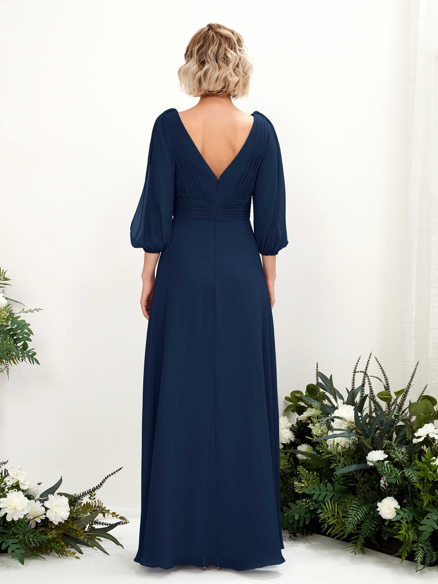 Carlyna A-Linien-Kleid V-Ausschnitt Wickelausschnitt Dreiviertelarm Bodenlang Brautjungfernkleider Marineblau #farbe_marineblau