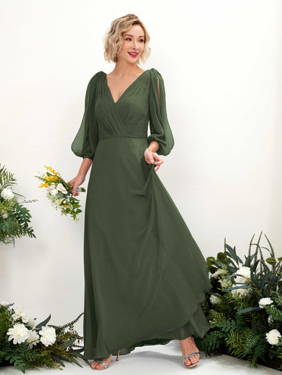 Carlyna A-Linien-Kleid V-Ausschnitt Wickelausschnitt Dreiviertelarm Bodenlang Brautjungfernkleider Martini-Olive #farbe_martini-olive
