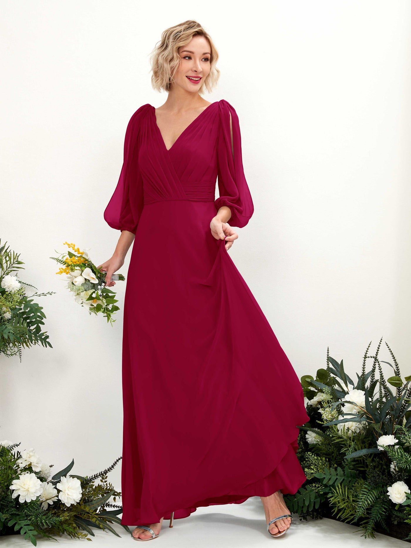 Carlyna A-Linien-Kleid V-Ausschnitt Wickelausschnitt Dreiviertelarm Bodenlang Brautjungfernkleider Narrenrot #farbe_narrenrot