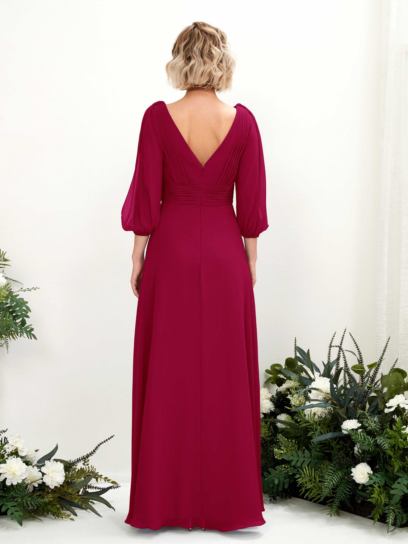 Carlyna A-Linien-Kleid V-Ausschnitt Wickelausschnitt Dreiviertelarm Bodenlang Brautjungfernkleider Narrenrot #farbe_narrenrot