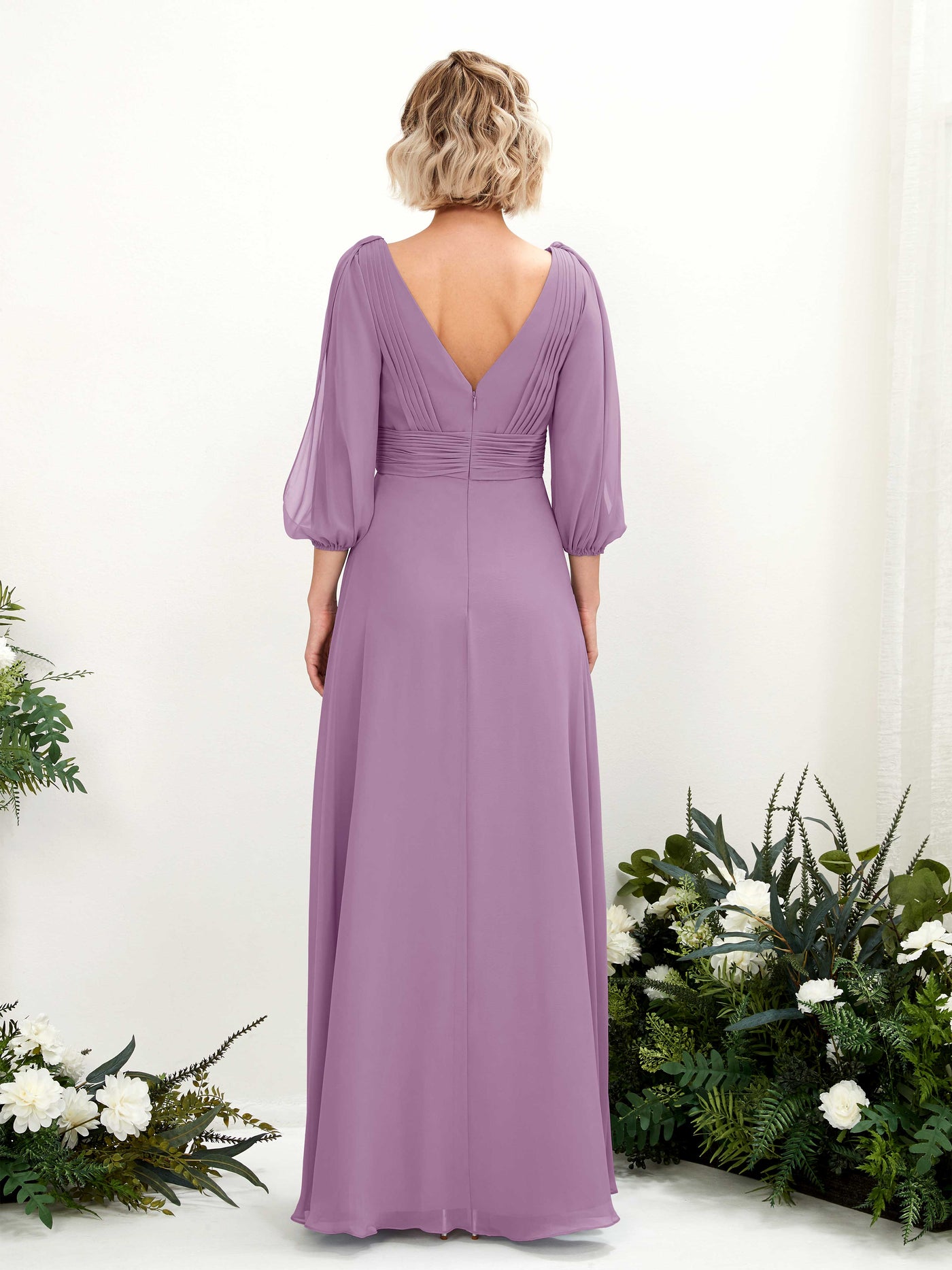 Carlyna A-Linien-Kleid V-Ausschnitt Wickelausschnitt Dreiviertelarm Bodenlang Brautjungfernkleider Orchideen-Nebel #farbe_orchideen-nebel