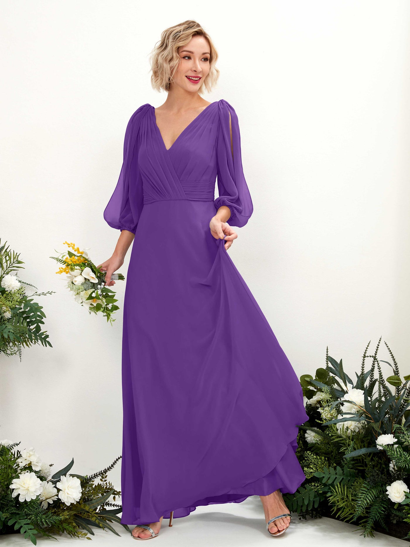 Carlyna A-Linien-Kleid V-Ausschnitt Wickelausschnitt Dreiviertelarm Bodenlang Brautjungfernkleider Regency #farbe_regency