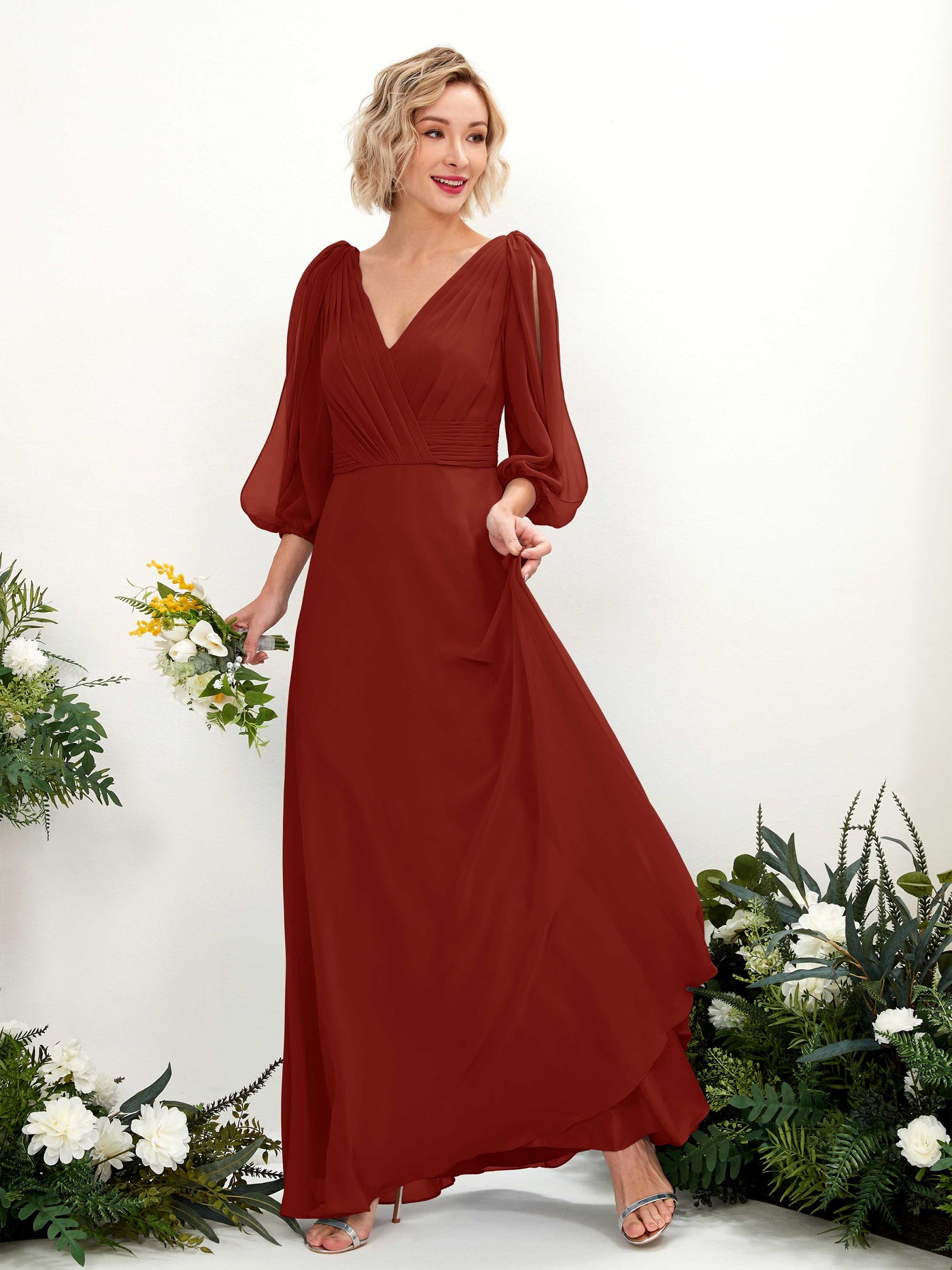 Carlyna A-Linien-Kleid V-Ausschnitt Wickelausschnitt Dreiviertelarm Bodenlang Brautjungfernkleider Rostrot #farbe_rostrot