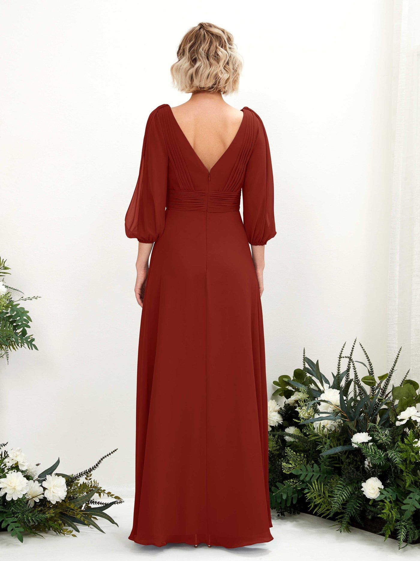 Carlyna A-Linien-Kleid V-Ausschnitt Wickelausschnitt Dreiviertelarm Bodenlang Brautjungfernkleider Rostrot #farbe_rostrot