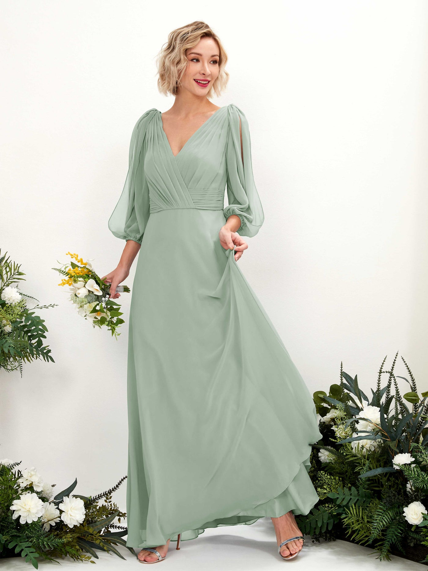 Carlyna A-Linien-Kleid V-Ausschnitt Wickelausschnitt Dreiviertelarm Bodenlang Brautjungfernkleider Salbeigrün #farbe_salbeigr-n