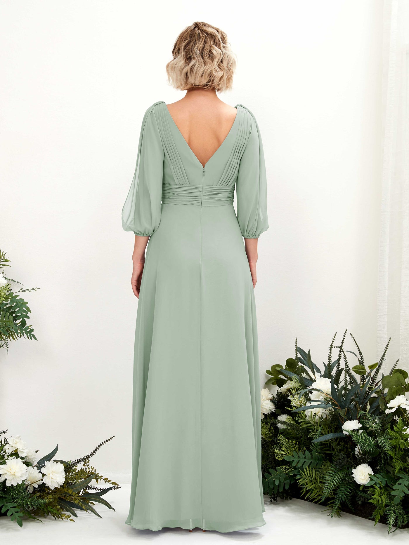 Carlyna A-Linien-Kleid V-Ausschnitt Wickelausschnitt Dreiviertelarm Bodenlang Brautjungfernkleider Salbeigrün #farbe_salbeigr-n