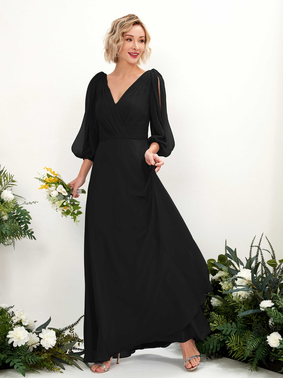 Carlyna A-Linien-Kleid V-Ausschnitt Wickelausschnitt Dreiviertelarm Bodenlang Brautjungfernkleider Schwarz 