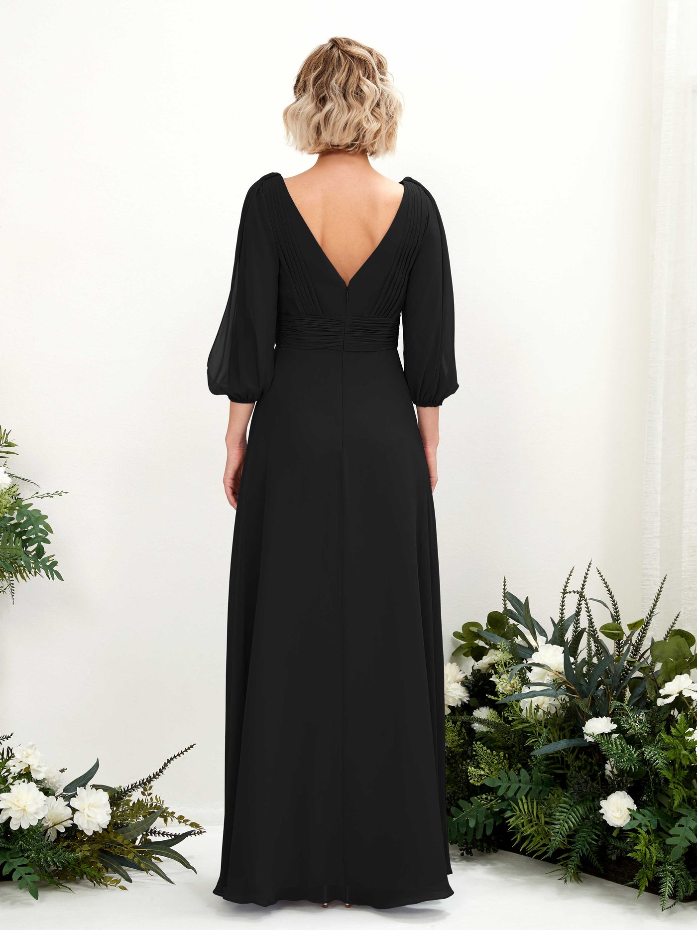 Carlyna A-Linien-Kleid V-Ausschnitt Wickelausschnitt Dreiviertelarm Bodenlang Brautjungfernkleider Schwarz #farbe_schwarz