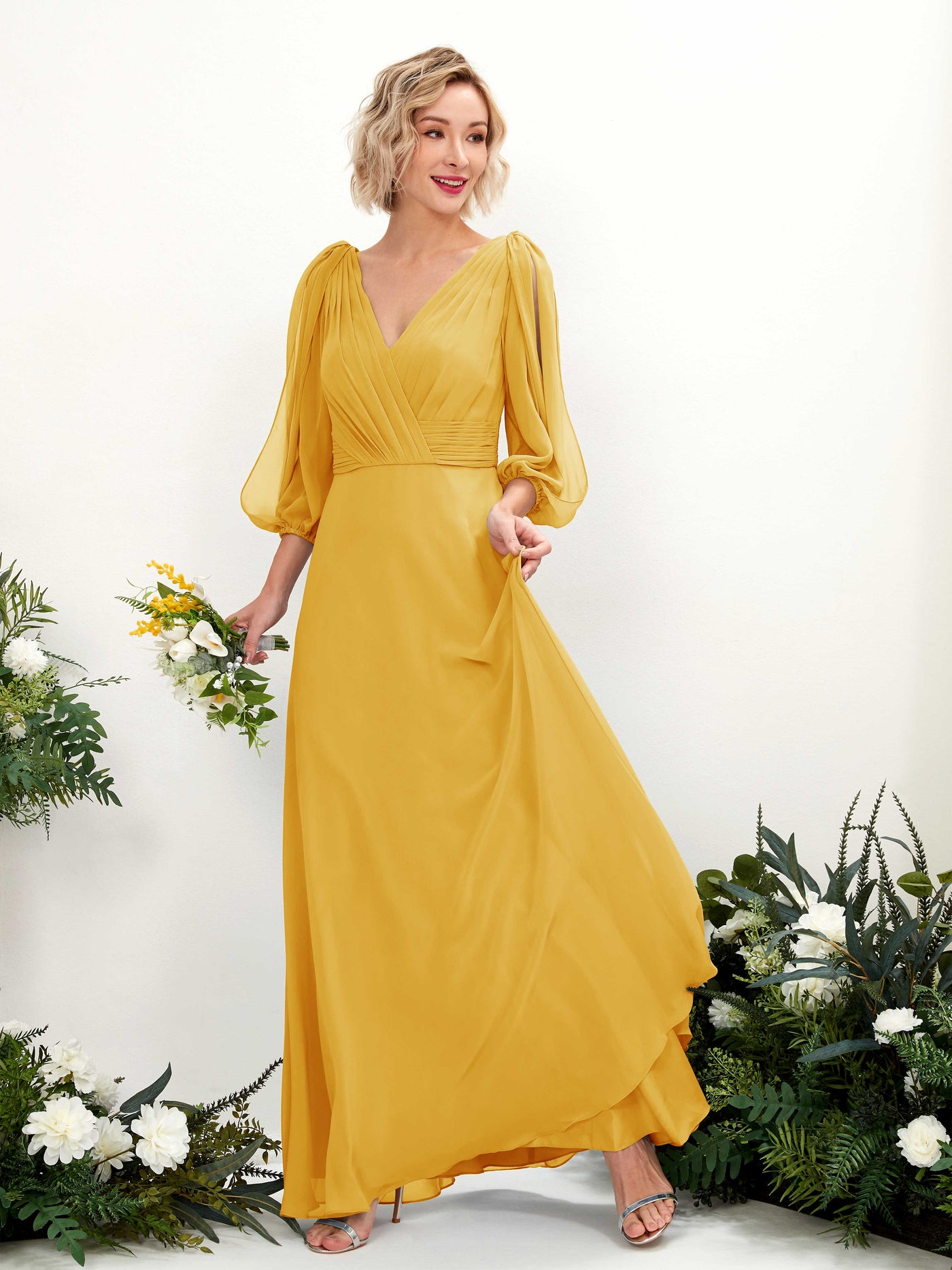 Carlyna A-Linien-Kleid V-Ausschnitt Wickelausschnitt Dreiviertelarm Bodenlang Brautjungfernkleider Senfgelb #farbe_senfgelb