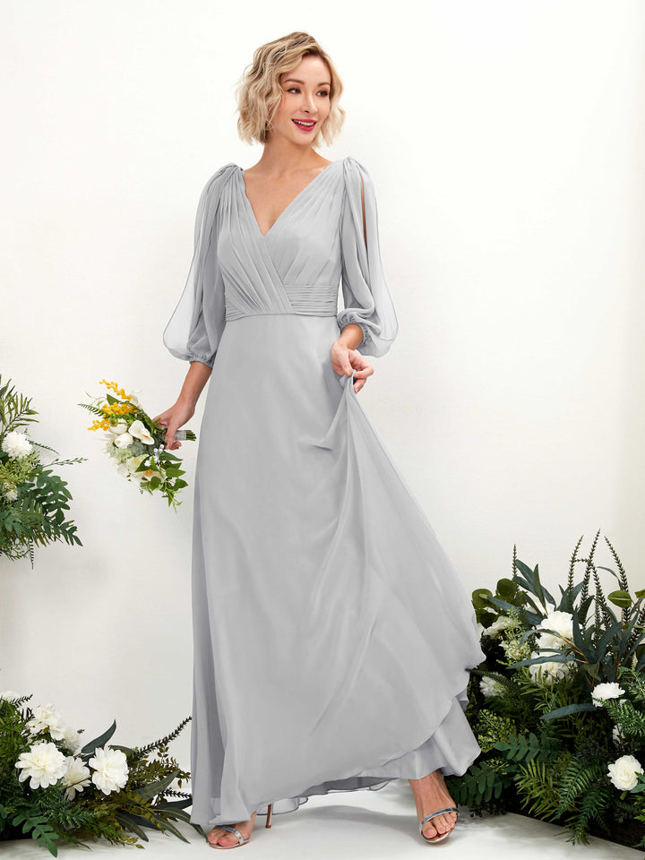 Carlyna A-Linien-Kleid V-Ausschnitt Wickelausschnitt Dreiviertelarm Bodenlang Brautjungfernkleider Silber 