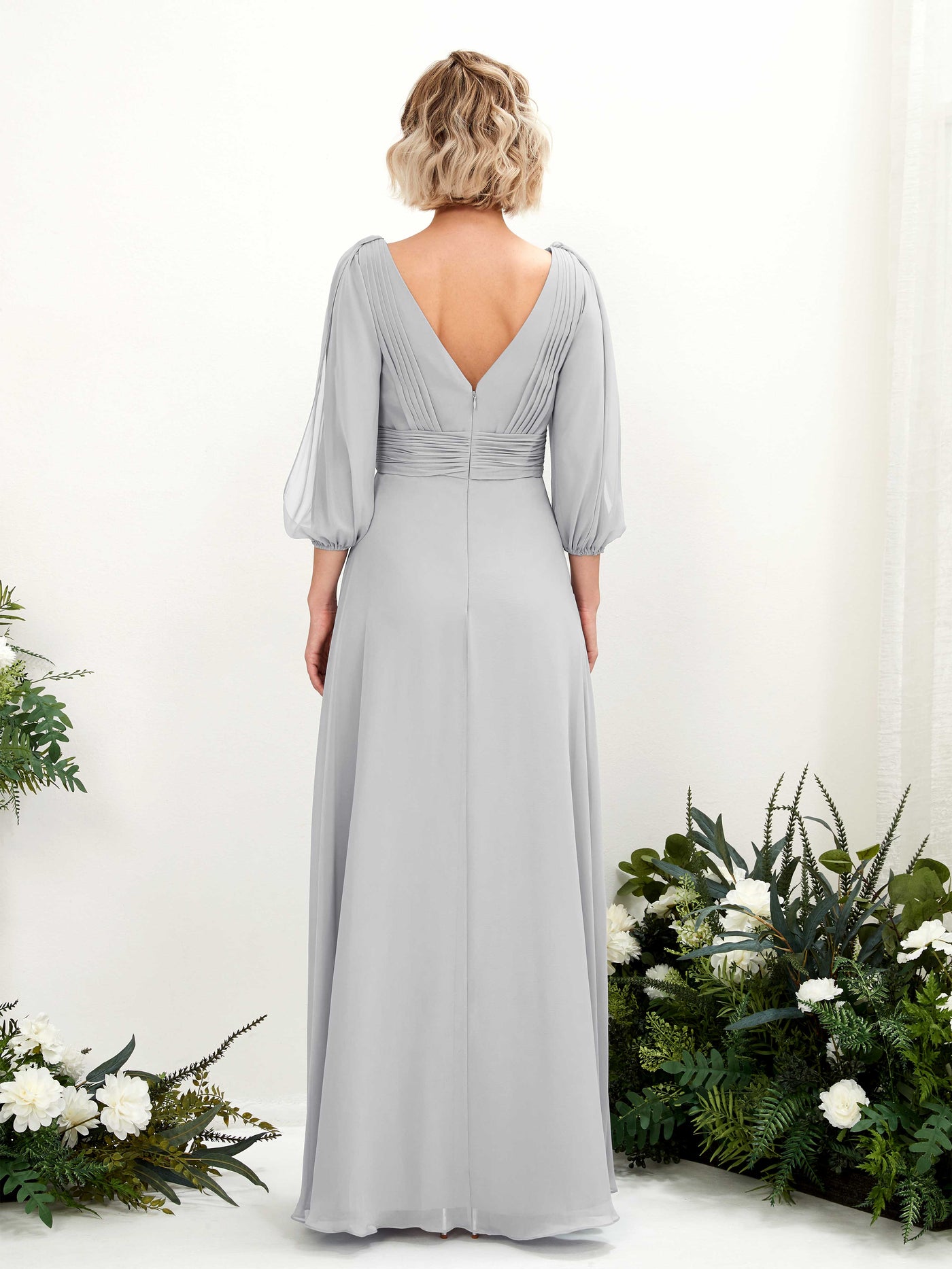 Carlyna A-Linien-Kleid V-Ausschnitt Wickelausschnitt Dreiviertelarm Bodenlang Brautjungfernkleider Silber #farbe_silber