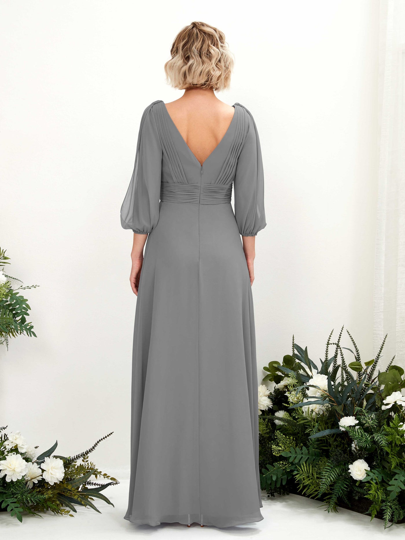 Carlyna A-Linien-Kleid V-Ausschnitt Wickelausschnitt Dreiviertelarm Bodenlang Brautjungfernkleider Stahlgrau #farbe_stahlgrau
