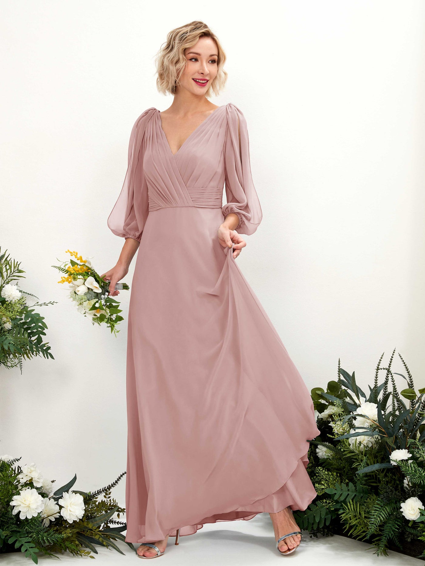 Carlyna A-Linien-Kleid V-Ausschnitt Wickelausschnitt Dreiviertelarm Bodenlang Brautjungfernkleider Staubige Rose #farbe_staubige-rose