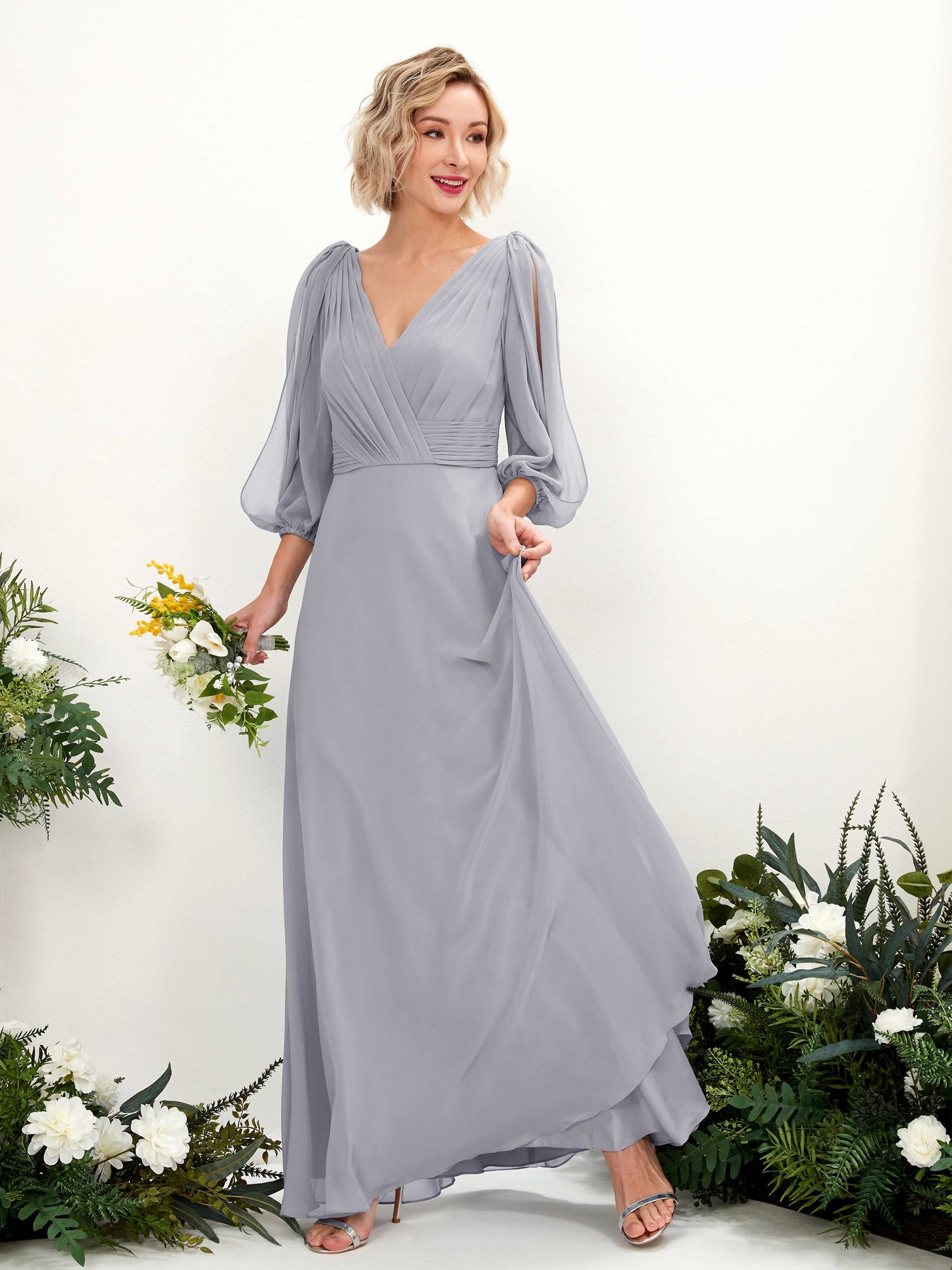 Carlyna A-Linien-Kleid V-Ausschnitt Wickelausschnitt Dreiviertelarm Bodenlang Brautjungfernkleider Staubiger Lavendel #farbe_staubiger-lavendel