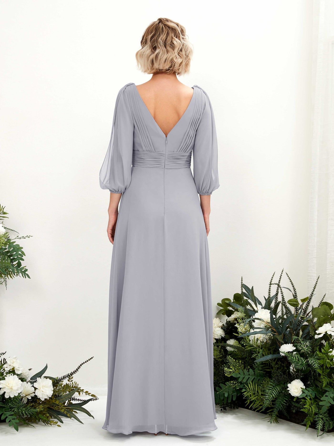 Carlyna A-Linien-Kleid V-Ausschnitt Wickelausschnitt Dreiviertelarm Bodenlang Brautjungfernkleider Staubiger Lavendel #farbe_staubiger-lavendel
