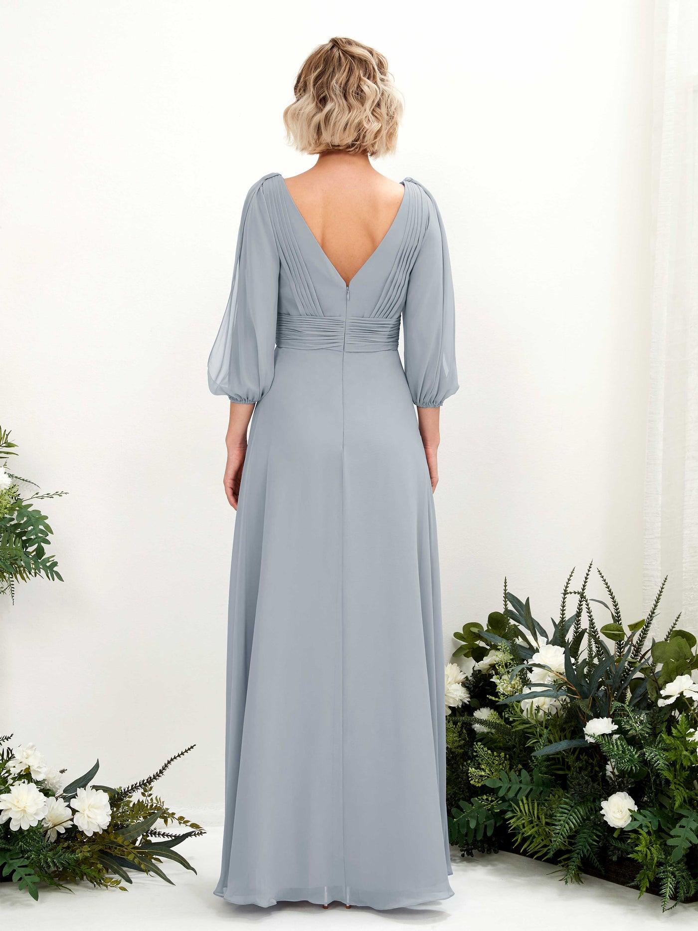 Carlyna A-Linien-Kleid V-Ausschnitt Wickelausschnitt Dreiviertelarm Bodenlang Brautjungfernkleider Staubiges Blau-Upgrade #farbe_staubiges-blau-upgrade