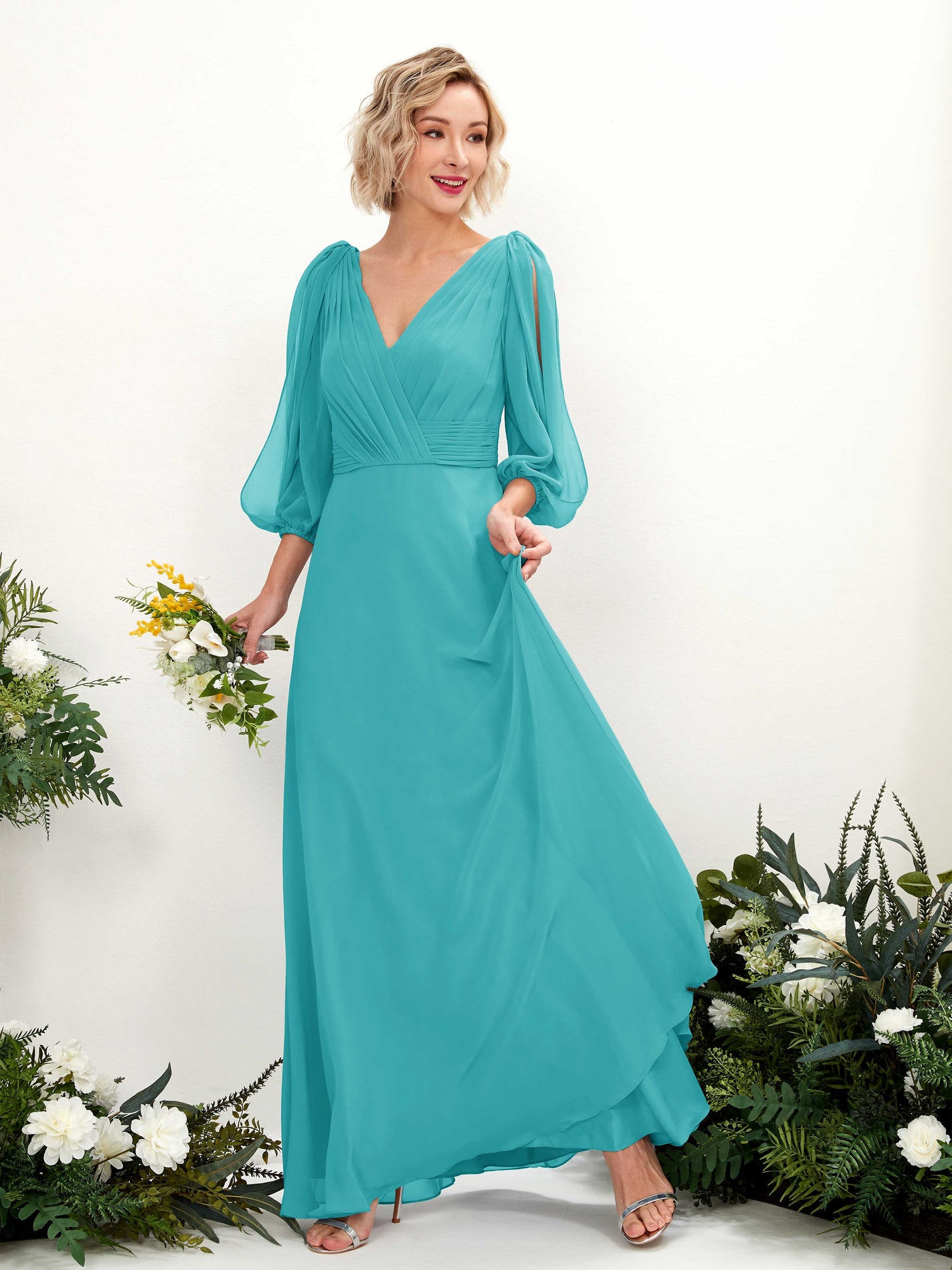 Carlyna A-Linien-Kleid V-Ausschnitt Wickelausschnitt Dreiviertelarm Bodenlang Brautjungfernkleider Türkis #farbe_t-rkis