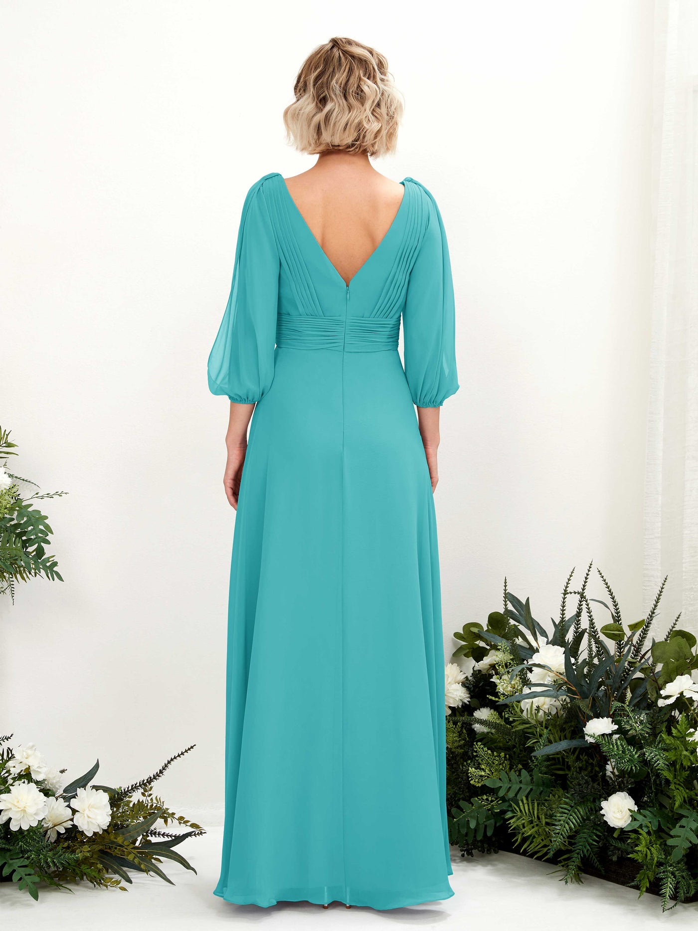 Carlyna A-Linien-Kleid V-Ausschnitt Wickelausschnitt Dreiviertelarm Bodenlang Brautjungfernkleider Türkis #farbe_t-rkis