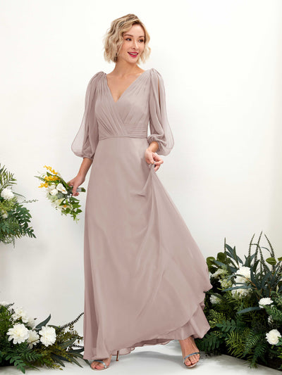 Carlyna A-Linien-Kleid V-Ausschnitt Wickelausschnitt Dreiviertelarm Bodenlang Brautjungfernkleider Taupe #farbe_taupe