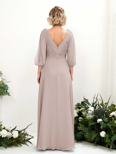 Carlyna A-Linien-Kleid V-Ausschnitt Wickelausschnitt Dreiviertelarm Bodenlang Brautjungfernkleider Taupe #farbe_taupe