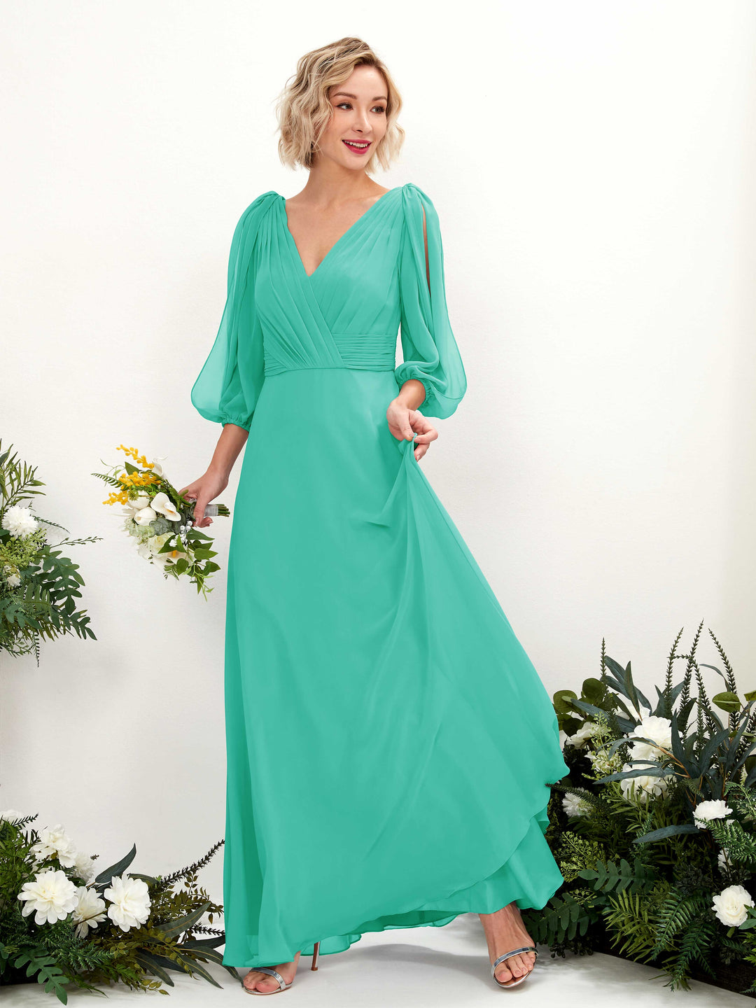 Carlyna A-Linien-Kleid V-Ausschnitt Wickelausschnitt Dreiviertelarm Bodenlang Brautjungfernkleider Tiffany-Blau 