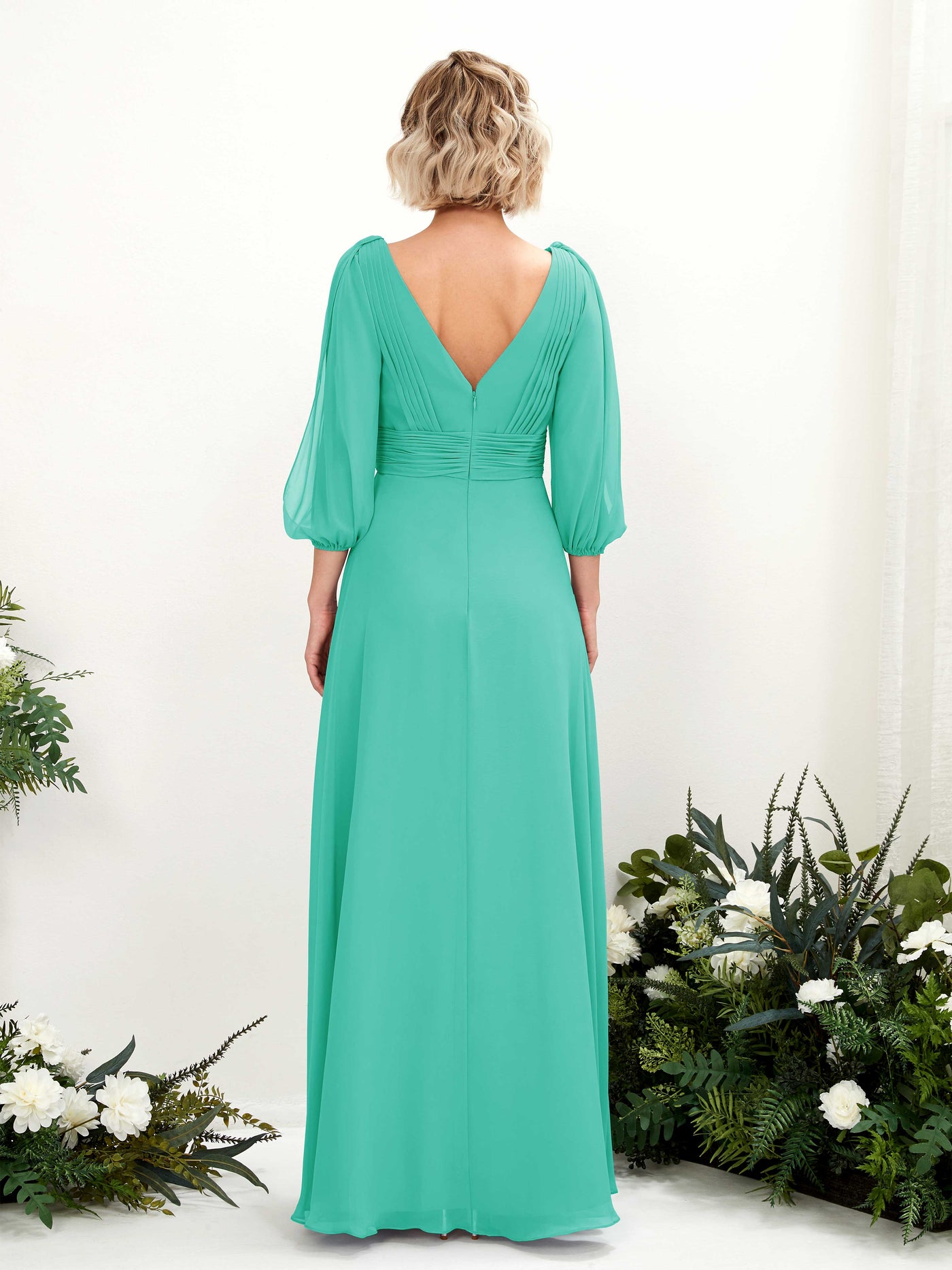 Carlyna A-Linien-Kleid V-Ausschnitt Wickelausschnitt Dreiviertelarm Bodenlang Brautjungfernkleider Tiffany-Blau #farbe_tiffany-blau