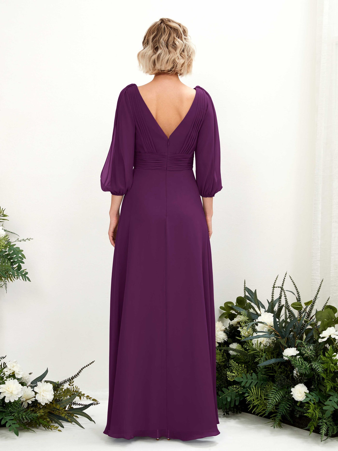 Carlyna A-Linien-Kleid V-Ausschnitt Wickelausschnitt Dreiviertelarm Bodenlang Brautjungfernkleider Traube #farbe_traube