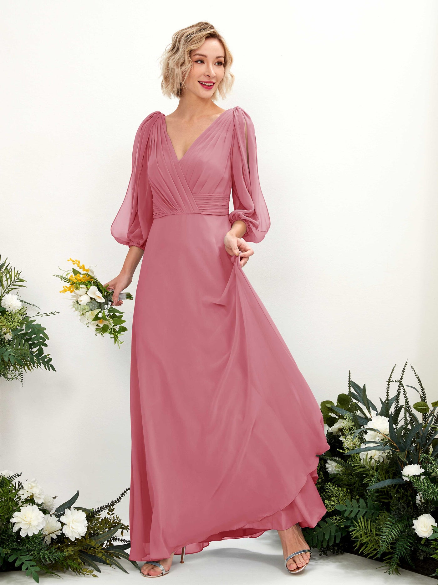 Carlyna A-Linien-Kleid V-Ausschnitt Wickelausschnitt Dreiviertelarm Bodenlang Brautjungfernkleider Wüstenrose #farbe_w-stenrose