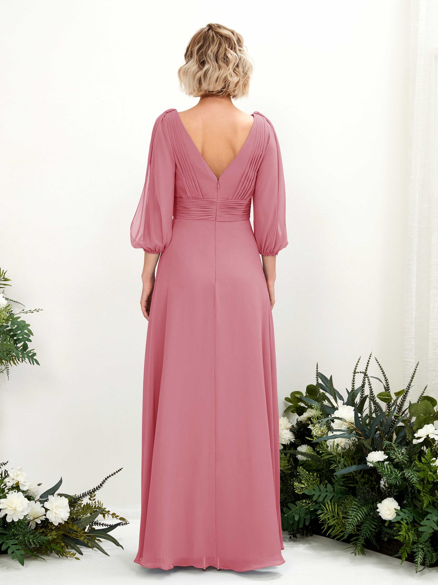 Carlyna A-Linien-Kleid V-Ausschnitt Wickelausschnitt Dreiviertelarm Bodenlang Brautjungfernkleider Wüstenrose #farbe_w-stenrose