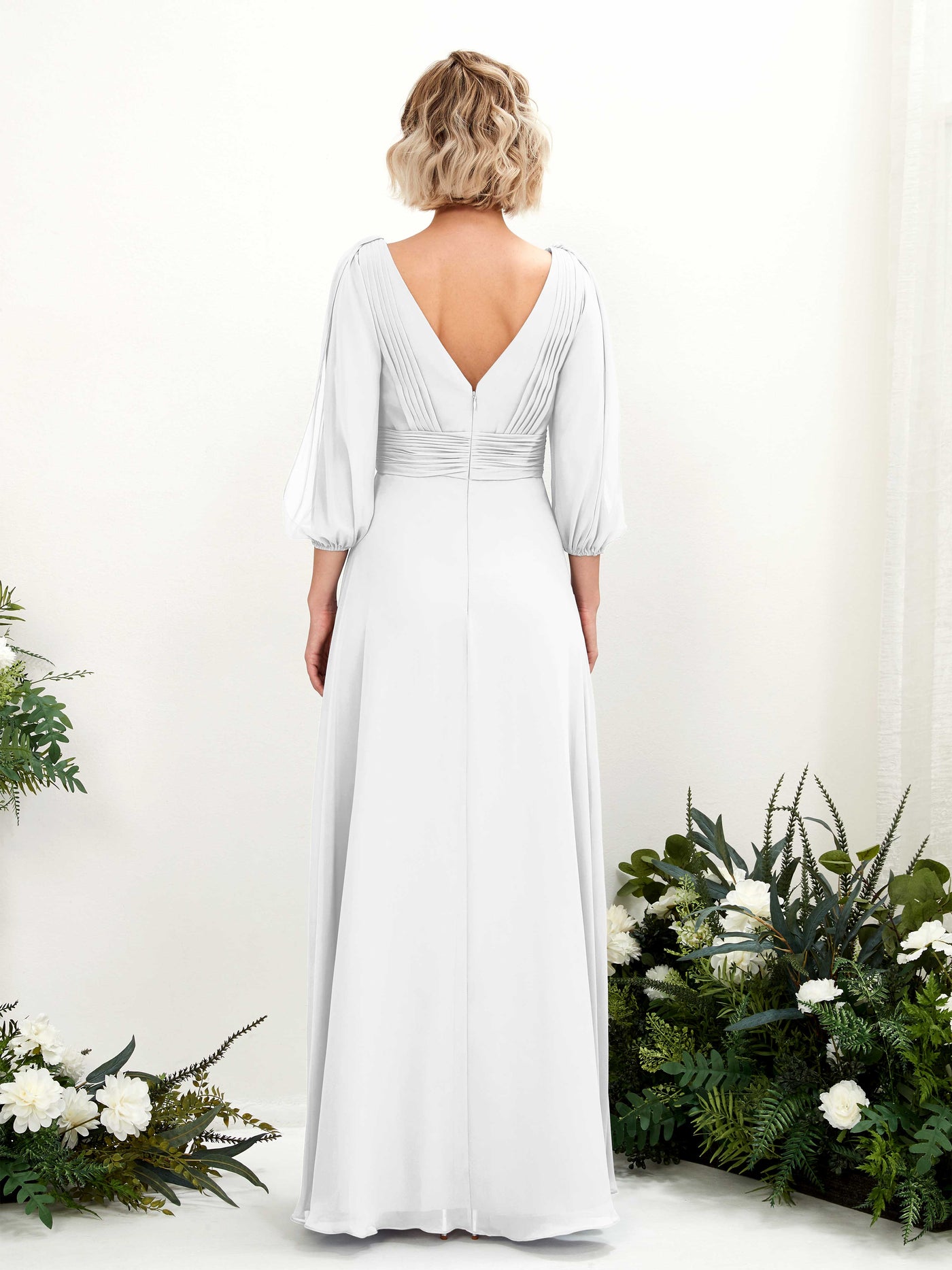 Carlyna A-Linien-Kleid V-Ausschnitt Wickelausschnitt Dreiviertelarm Bodenlang Brautjungfernkleider Weiß #farbe_wei
