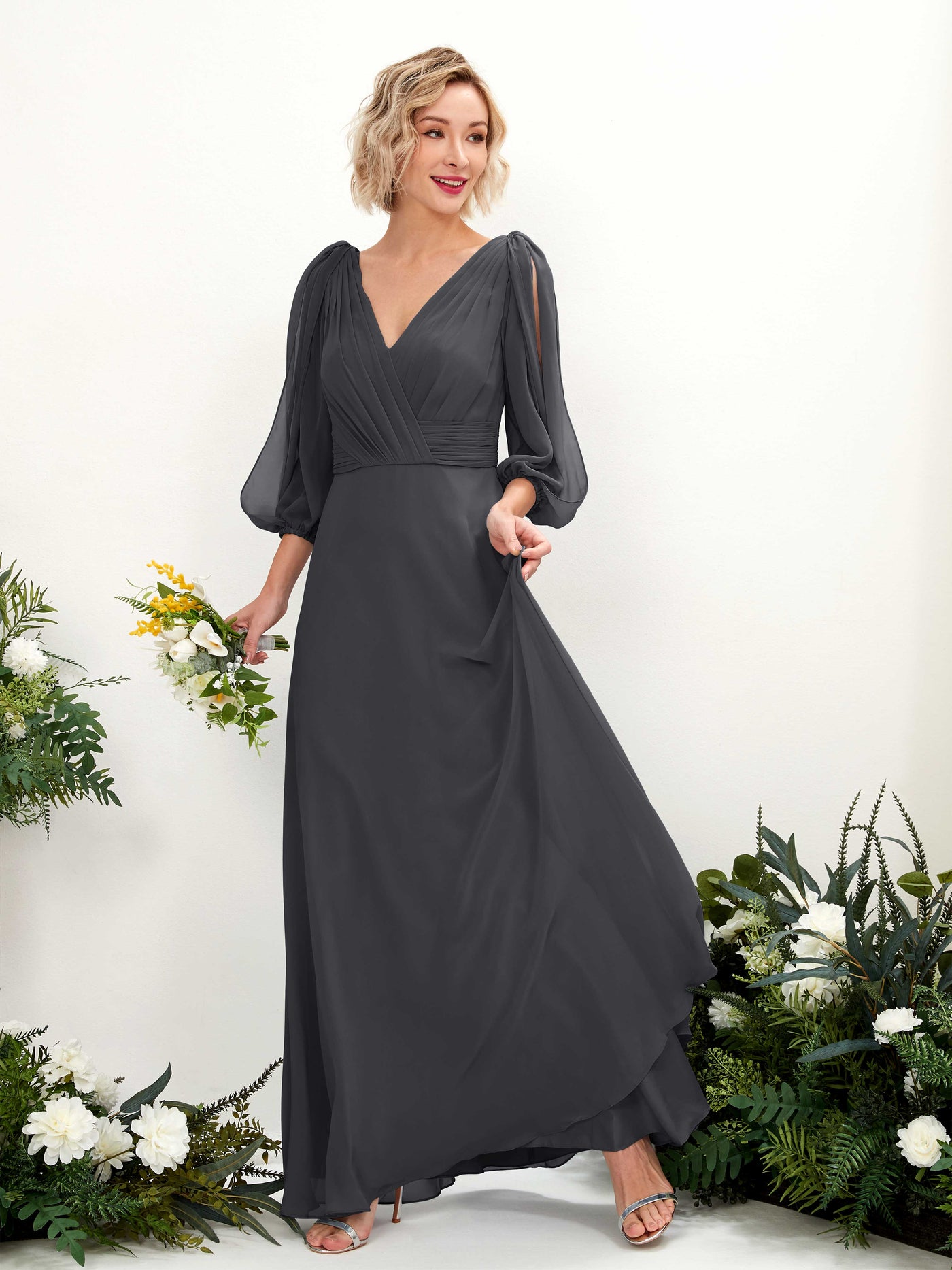 Carlyna A-Linien-Kleid V-Ausschnitt Wickelausschnitt Dreiviertelarm Bodenlang Brautjungfernkleider Zinnfarben #farbe_zinnfarben