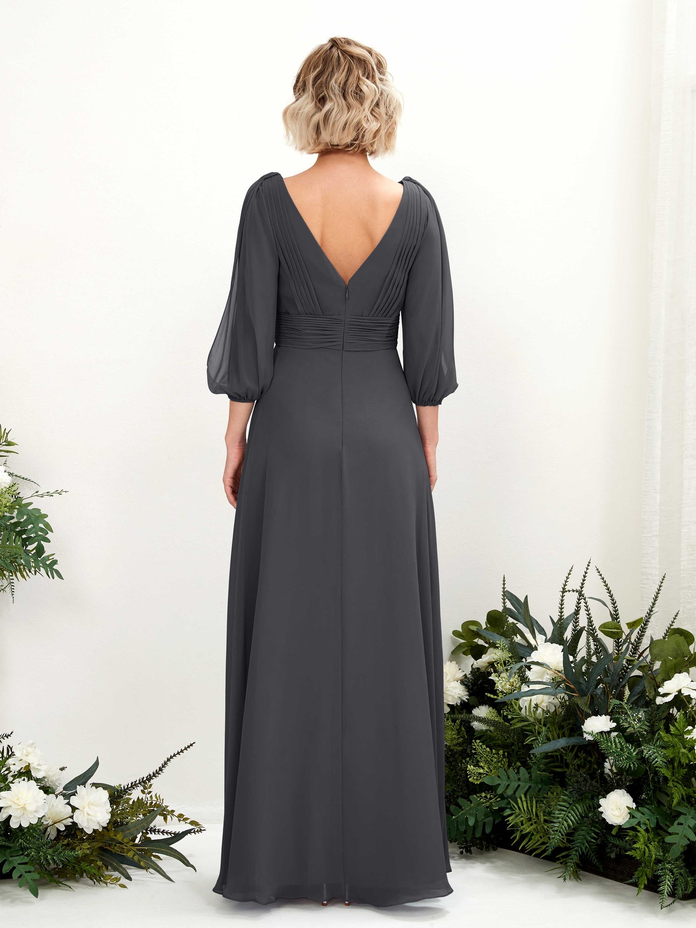 Carlyna A-Linien-Kleid V-Ausschnitt Wickelausschnitt Dreiviertelarm Bodenlang Brautjungfernkleider Zinnfarben #farbe_zinnfarben
