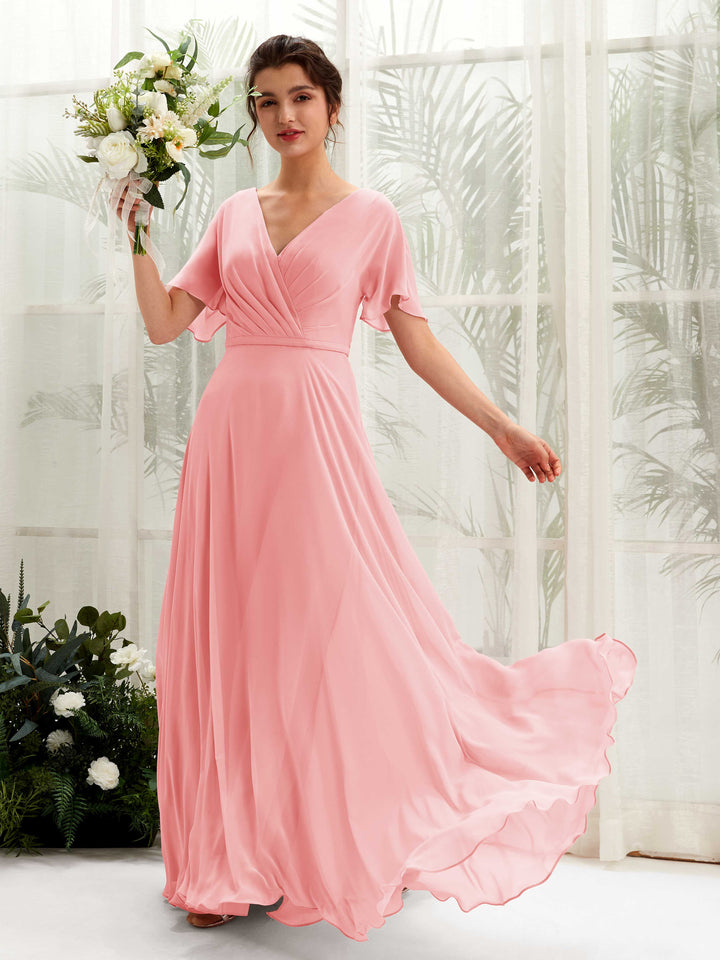 Carlyna A-Linien-Kleid V-Ausschnitt Wickelausschnitt Flatterärmel Bodenlang Brautjungfernkleider Ballettrosa 