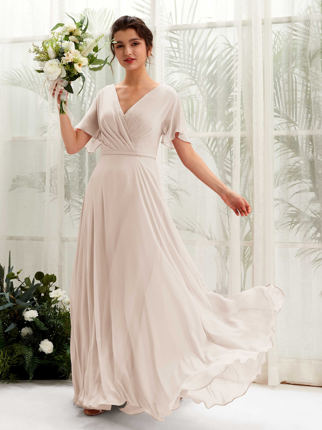 Carlyna A-Linien-Kleid V-Ausschnitt Wickelausschnitt Flatterärmel Bodenlang Brautjungfernkleider Champagner 