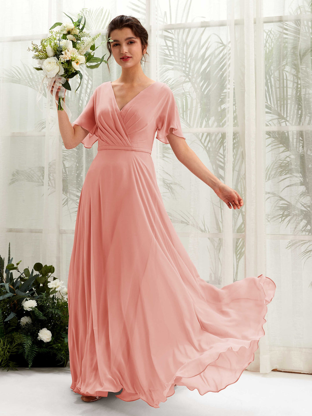 Carlyna A-Linien-Kleid V-Ausschnitt Wickelausschnitt Flatterärmel Bodenlang Brautjungfernkleider Champagner-Rose 