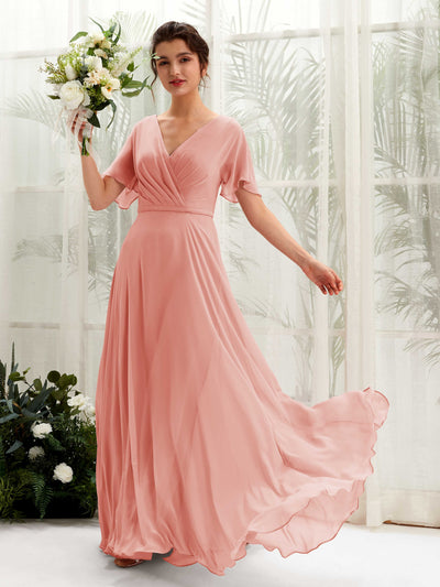 Carlyna A-Linien-Kleid V-Ausschnitt Wickelausschnitt Flatterärmel Bodenlang Brautjungfernkleider Champagner-Rose #farbe_champagner-rose