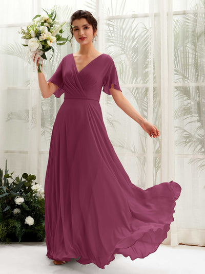 Carlyna A-Linien-Kleid V-Ausschnitt Wickelausschnitt Flatterärmel Bodenlang Brautjungfernkleider Chianti #farbe_chianti