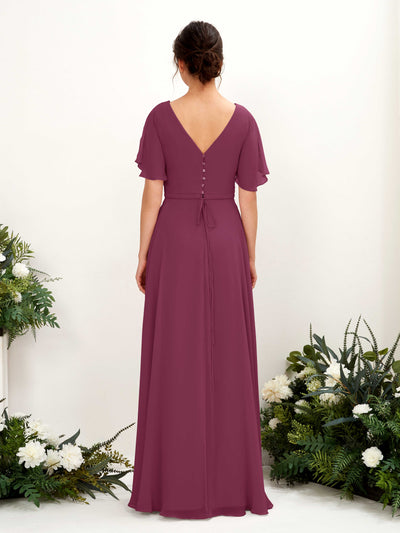 Carlyna A-Linien-Kleid V-Ausschnitt Wickelausschnitt Flatterärmel Bodenlang Brautjungfernkleider Chianti #farbe_chianti