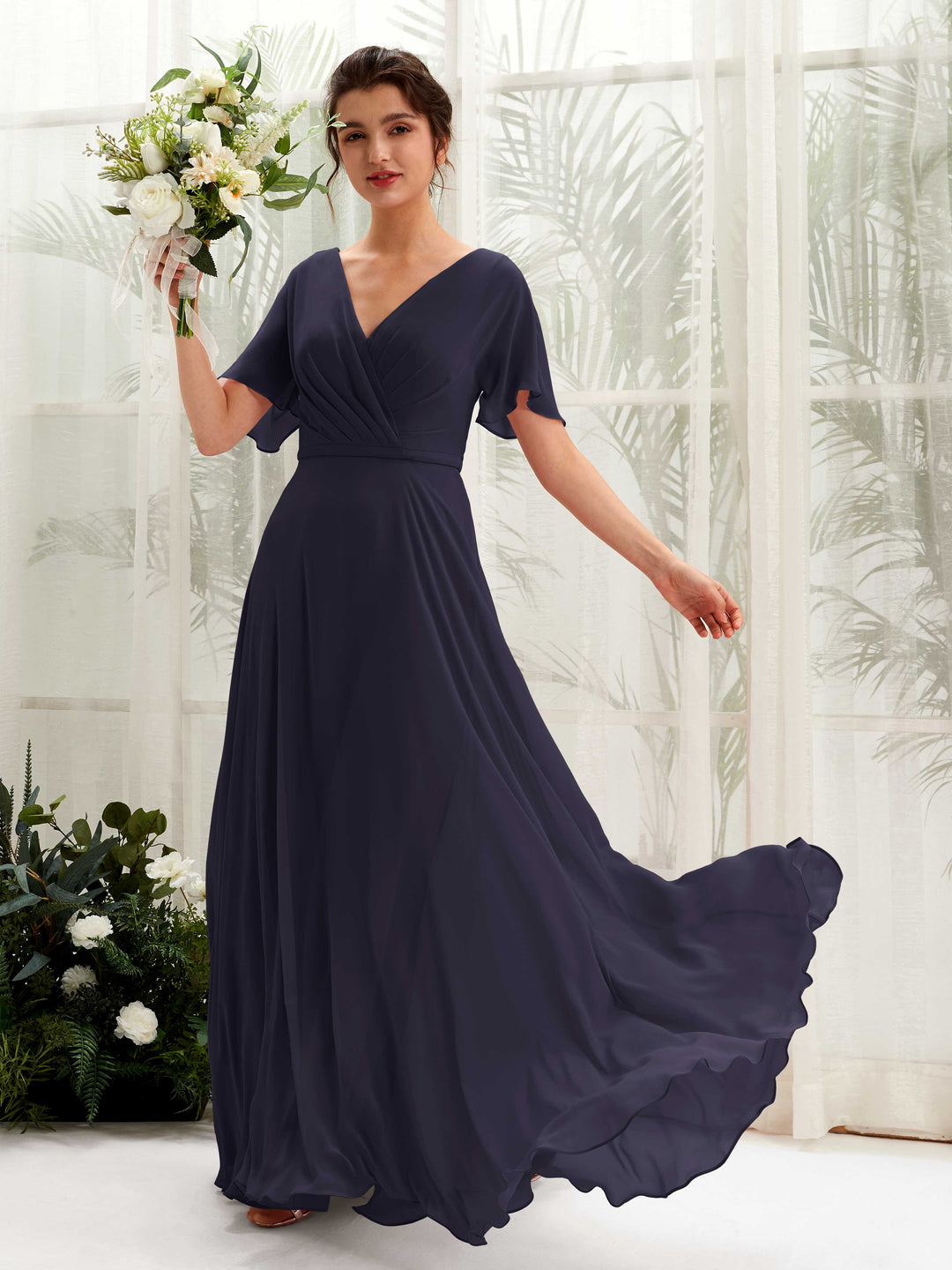 Carlyna A-Linien-Kleid V-Ausschnitt Wickelausschnitt Flatterärmel Bodenlang Brautjungfernkleider Dunkel Marineblau 