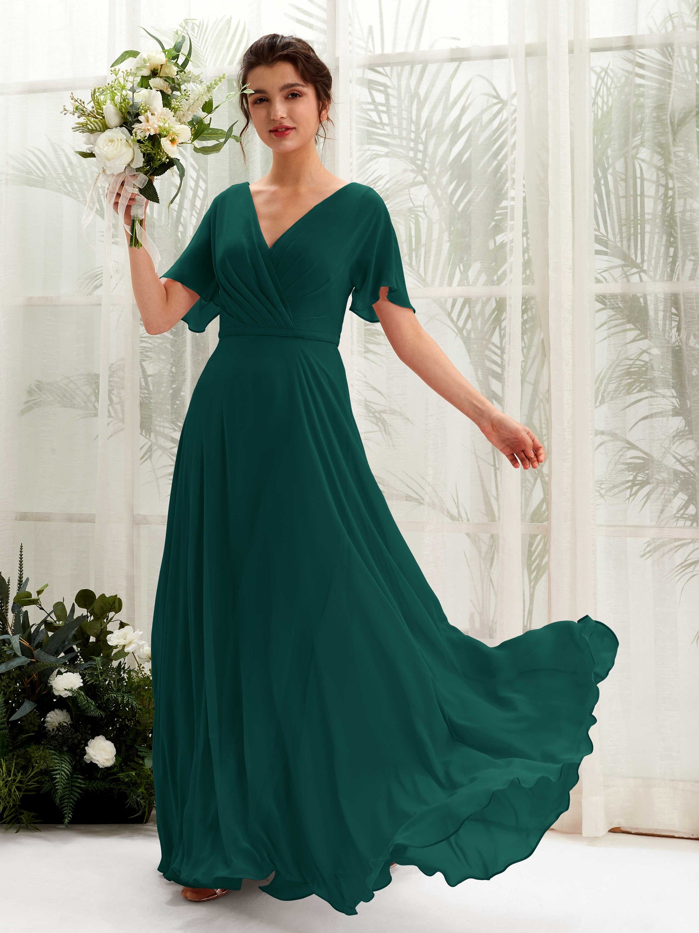 Carlyna A-Linien-Kleid V-Ausschnitt Wickelausschnitt Flatterärmel Bodenlang Brautjungfernkleider Dunkelsmaragd #farbe_dunkelsmaragd
