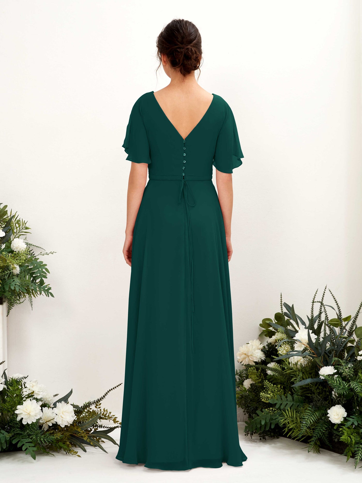 Carlyna A-Linien-Kleid V-Ausschnitt Wickelausschnitt Flatterärmel Bodenlang Brautjungfernkleider Dunkelsmaragd #farbe_dunkelsmaragd