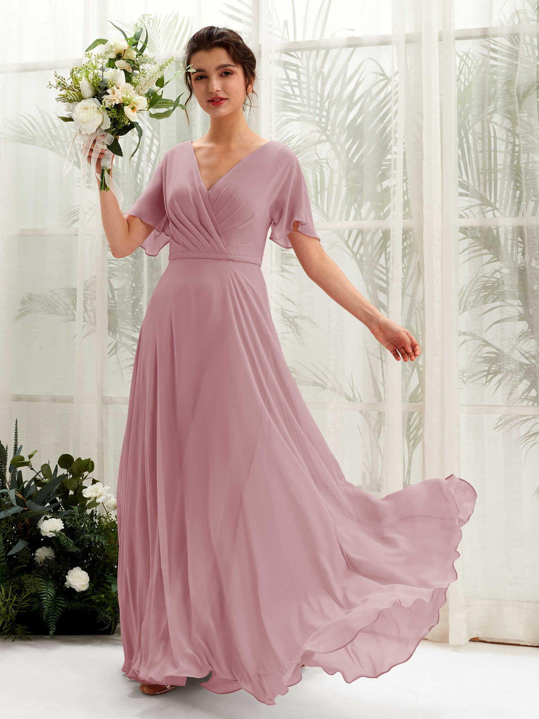 Carlyna A-Linien-Kleid V-Ausschnitt Wickelausschnitt Flatterärmel Bodenlang Brautjungfernkleider Klassisch Mauve 