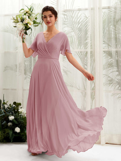 Carlyna A-Linien-Kleid V-Ausschnitt Wickelausschnitt Flatterärmel Bodenlang Brautjungfernkleider Klassisch Mauve #farbe_klassisch-mauve