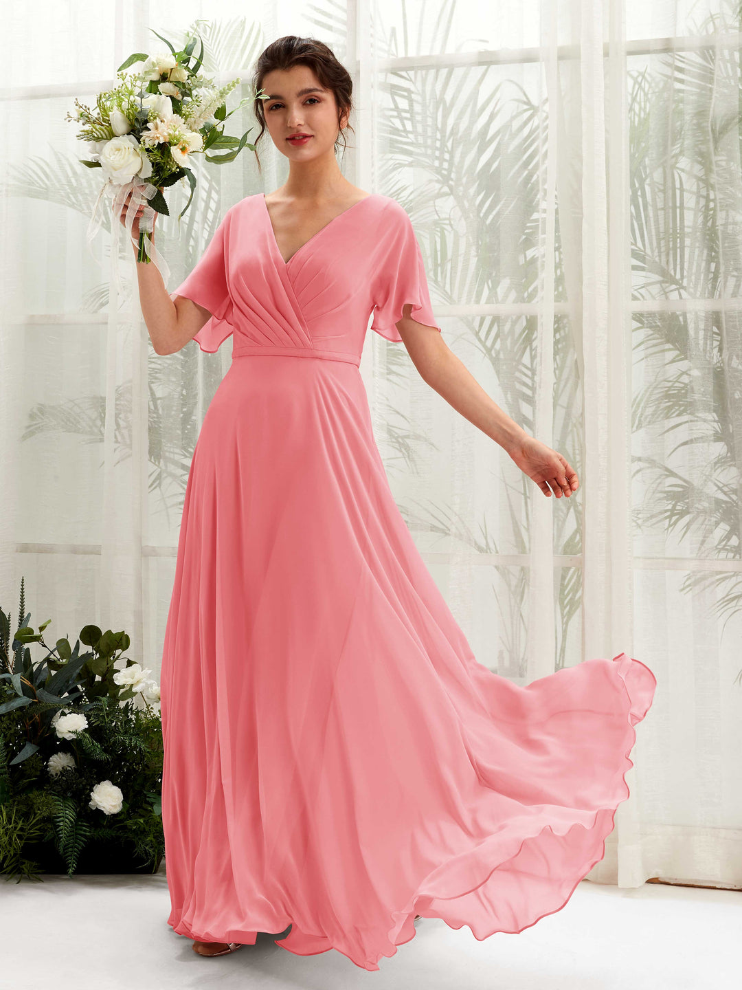 Carlyna A-Linien-Kleid V-Ausschnitt Wickelausschnitt Flatterärmel Bodenlang Brautjungfernkleider Korallenrosa 