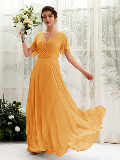 Carlyna A-Linien-Kleid V-Ausschnitt Wickelausschnitt Flatterärmel Bodenlang Brautjungfernkleider Mango #farbe_mango