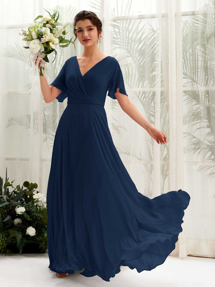 Carlyna A-Linien-Kleid V-Ausschnitt Wickelausschnitt Flatterärmel Bodenlang Brautjungfernkleider Marineblau 