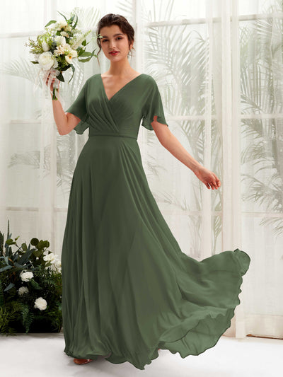 Carlyna A-Linien-Kleid V-Ausschnitt Wickelausschnitt Flatterärmel Bodenlang Brautjungfernkleider Martini-Olive #farbe_martini-olive